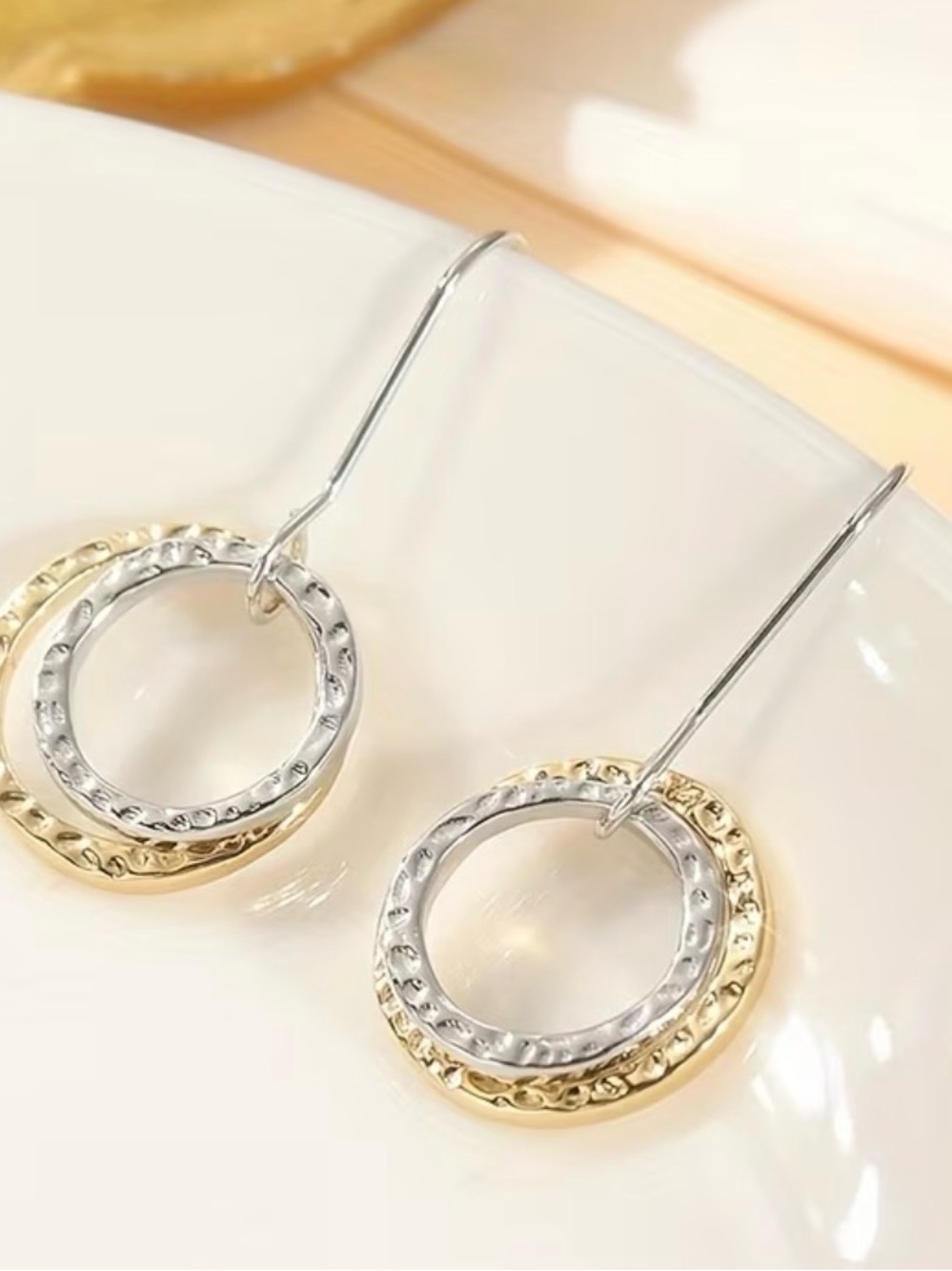 Two-Tone Gold & Silver Hammered Circle Drop Earrings - Women Jewelry
